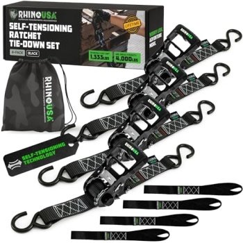 Rhino USA Self Tensioning Ratchet Tie Down Straps (4PK 1.6INX8FT)- Heavy Duty